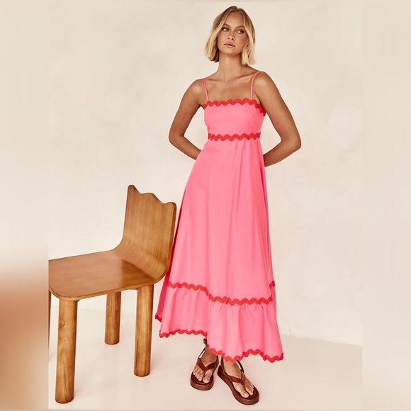 Boho Spaghetti Strap Backless Smocked Rickrack Trim Flowy A-line Maxi Sundress - Picture 2 of 4